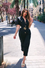 Black Front Button Belted Boiler Jumpsuit - Nyrah-Jumpsuits