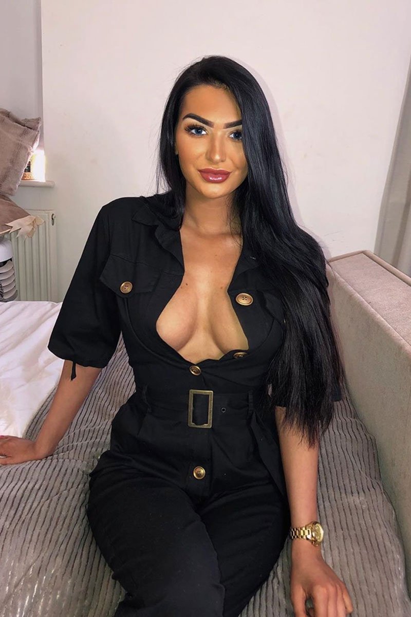 Black Front Button Belted Boiler Jumpsuit - Nyrah-Jumpsuits