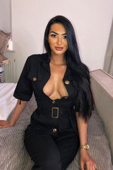 Black Front Button Belted Boiler Jumpsuit - Nyrah-Jumpsuits