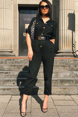 Black Front Button Belted Boiler Jumpsuit - Nyrah-Jumpsuits