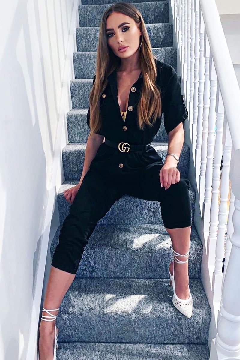 Black Front Button Belted Boiler Jumpsuit - Nyrah-Jumpsuits