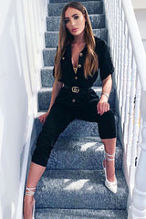 Black Front Button Belted Boiler Jumpsuit - Nyrah-Jumpsuits