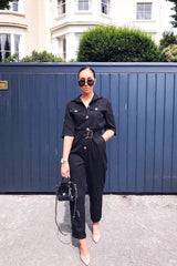 Black Front Button Belted Boiler Jumpsuit - Nyrah-Jumpsuits