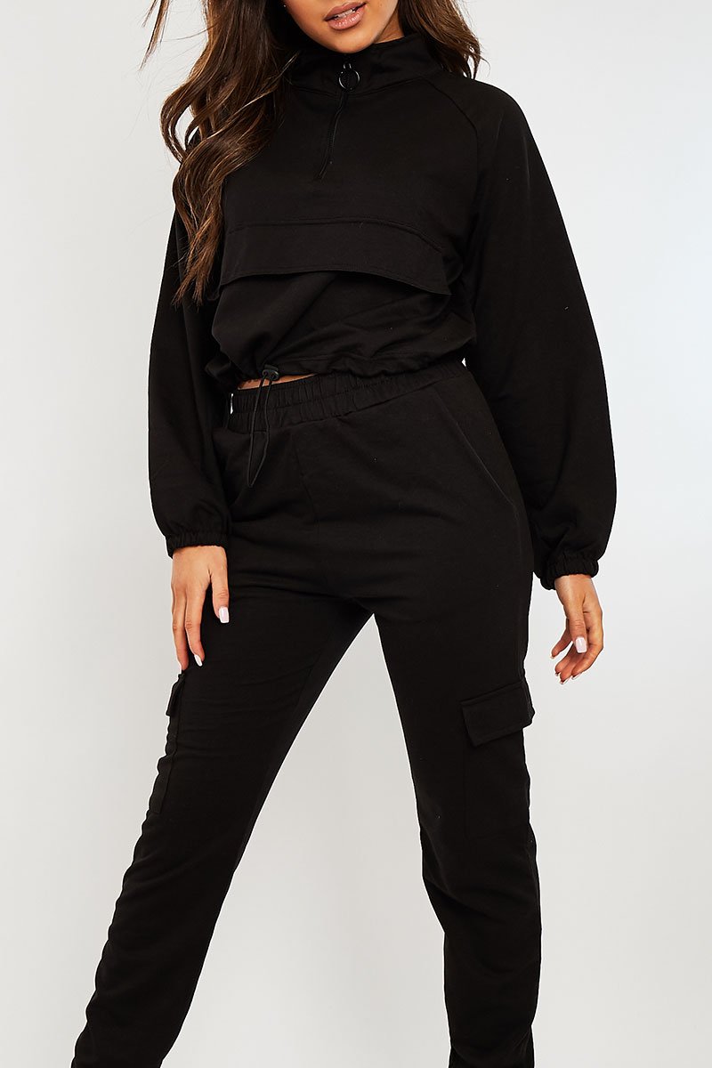Black Front Pocket Cargo Jumper and Joggers Loungewear Set - Naziya-Loungewear