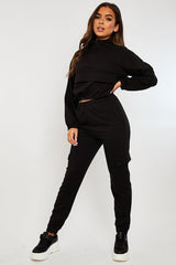 Black Front Pocket Cargo Jumper and Joggers Loungewear Set - Naziya-Loungewear