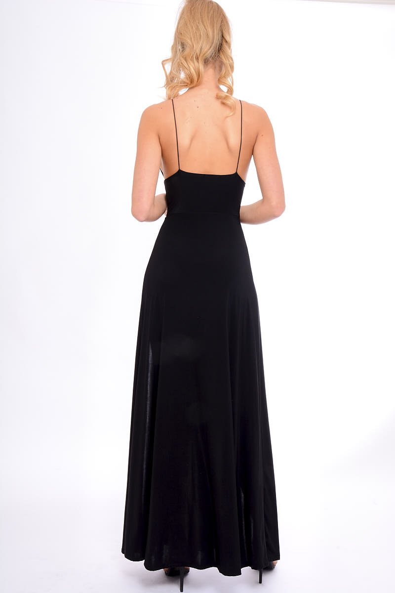 Black Front Split Leg Maxi Dress - Effy Rebellious Fashion Black Front Split Leg Maxi Dress - Effy Rebellious Fashion