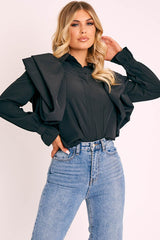 Black Full Length Ruffle Sleeve Shirt - Keisha-Shirts