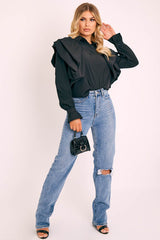 Black Full Length Ruffle Sleeve Shirt - Keisha-Shirts