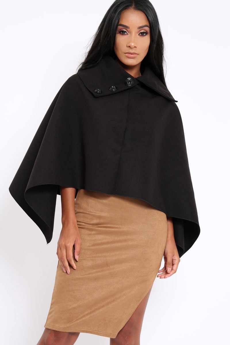Black Funnel Collar Poncho - Caiden-Coats