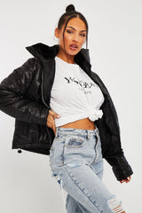 Black Fur Lined Collar Puffer Coat - Hessie-Coats