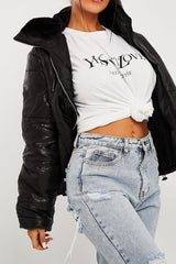 Black Fur Lined Collar Puffer Coat - Hessie-Coats