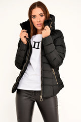 Black Fur Lined Ring Pull Puffer Coat - Riko-Coats