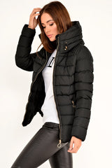 Black Fur Lined Ring Pull Puffer Coat - Riko-Coats