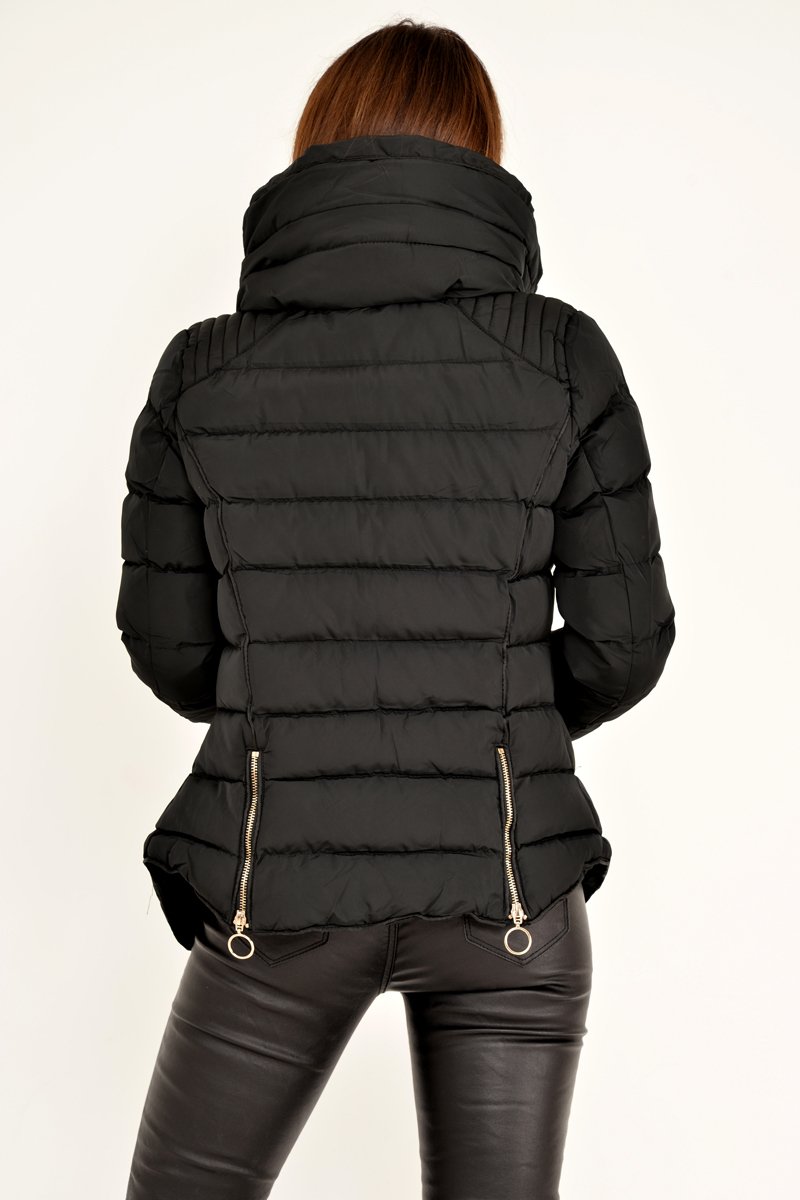 Black Fur Lined Ring Pull Puffer Coat - Riko-Coats