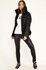Black Fur Lined Ring Pull Puffer Coat - Riko-Coats