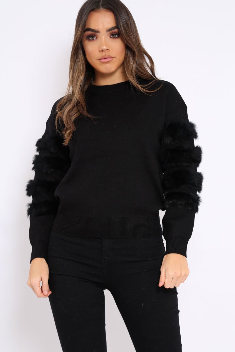 Black Fur Sleeve Knitted Jumper - Courtnie-Jumper