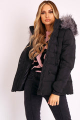 Black Fur Trim Adjustable Waist Puffer Coat - Rossie-Coats