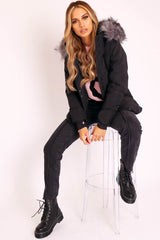Black Fur Trim Adjustable Waist Puffer Coat - Rossie-Coats
