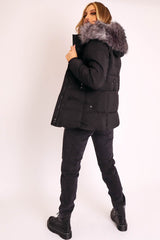 Black Fur Trim Adjustable Waist Puffer Coat - Rossie-Coats