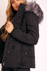 Black Fur Trim Adjustable Waist Puffer Coat - Rossie-Coats