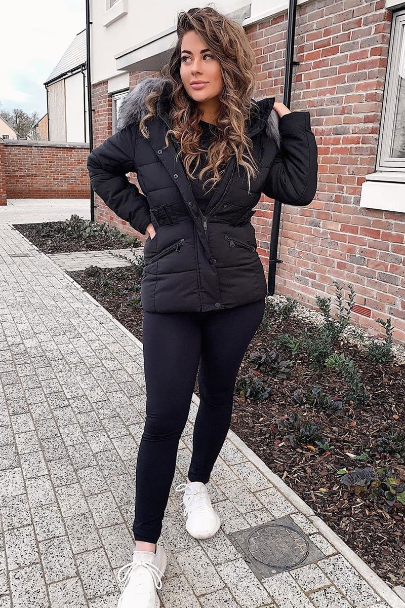Black Fur Trim Adjustable Waist Puffer Coat - Rossie-Coats