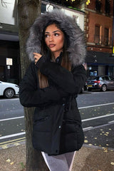 Black Fur Trim Adjustable Waist Puffer Coat - Rossie-Coats