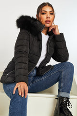 Black Fur Trim Hood Puffer Coat - Reva-Coats