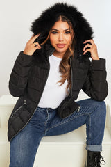 Black Fur Trim Hood Puffer Coat - Reva-Coats