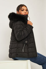Black Fur Trim Hood Puffer Coat - Reva-Coats