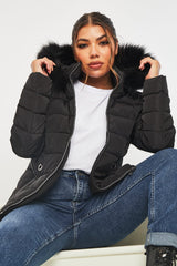 Black Fur Trim Hood Puffer Coat - Reva-Coats