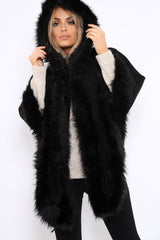 Black Fur Trim Poncho - Autumn-Coats