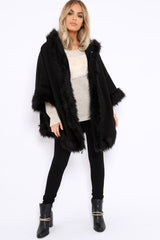 Black Fur Trim Poncho - Autumn-Coats