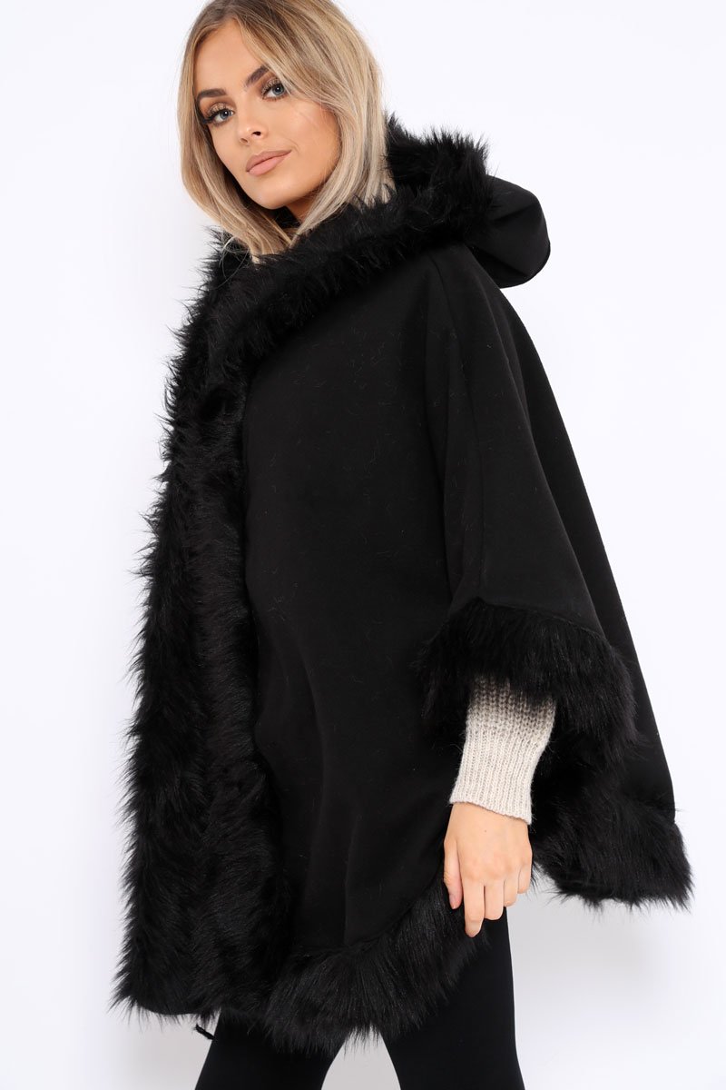 Black Fur Trim Poncho - Autumn-Coats
