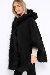 Black Fur Trim Poncho - Autumn-Coats