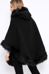 Black Fur Trim Poncho - Autumn-Coats