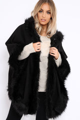 Black Fur Trim Poncho - Autumn-Coats