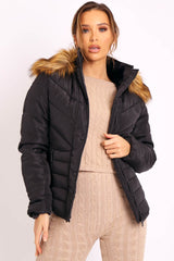 Black Fur Trim Quilted Puffer Coat - Lania-Coats