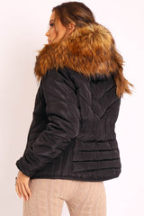 Black Fur Trim Quilted Puffer Coat - Lania-Coats