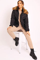 Black Fur Trim Quilted Puffer Coat - Lania-Coats