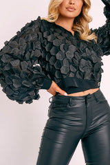 Black Geometric Applique Button Front Cropped Shirt - Kabella-Shirts