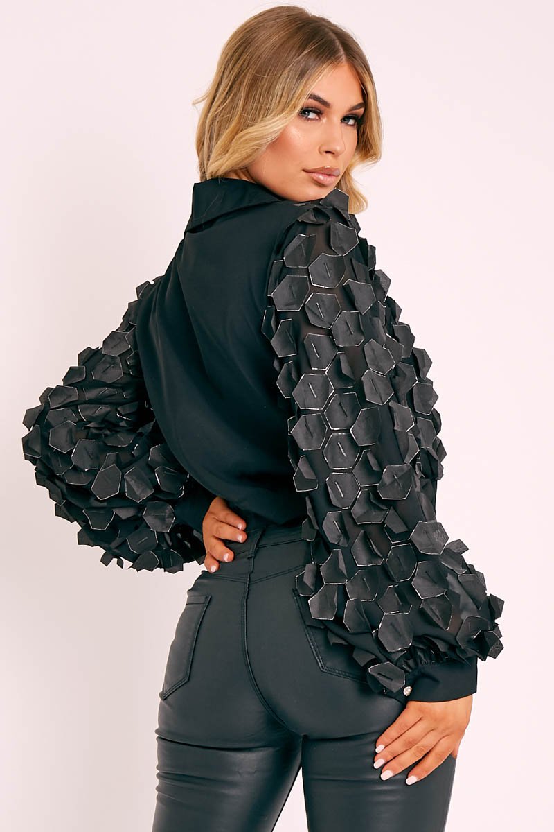 Black Geometric Applique Button Front Cropped Shirt - Kabella-Shirts