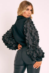 Black Geometric Applique Button Front Cropped Shirt - Kabella-Shirts