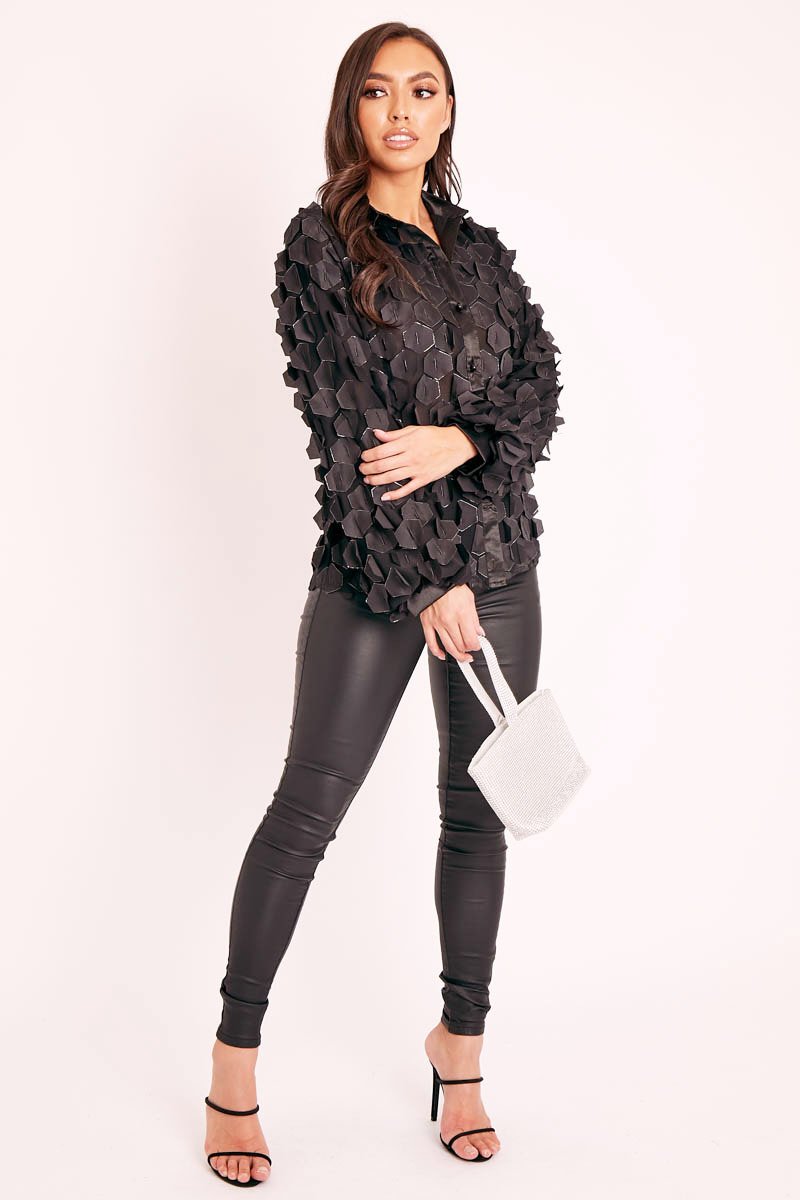 Black Geometric Applique Button Front Shirt - Bostyn-Shirts
