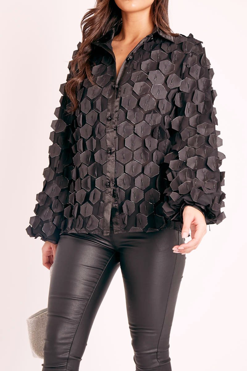 Black Geometric Applique Button Front Shirt - Bostyn-Shirts