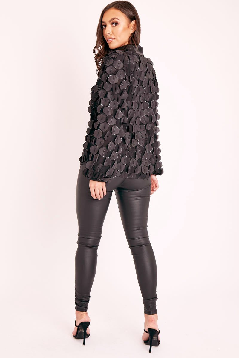 Black Geometric Applique Button Front Shirt - Bostyn-Shirts