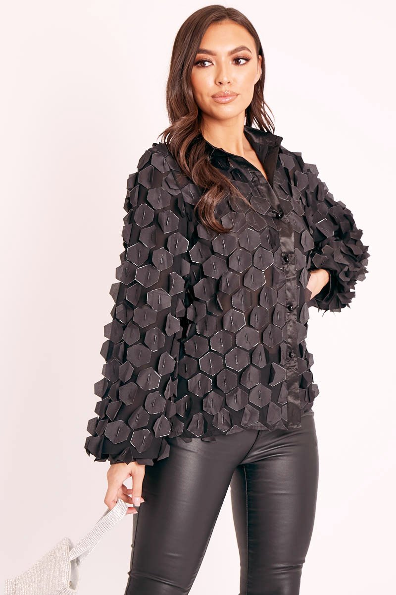 Black Geometric Applique Button Front Shirt - Bostyn-Shirts