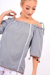 Black Gingham Bardot Pom Pom Top - Pipa-Tops