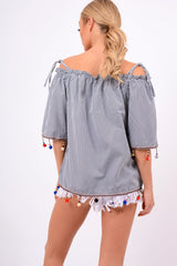 Black Gingham Bardot Pom Pom Top - Pipa-Tops