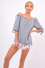 Black Gingham Bardot Pom Pom Top - Pipa-Tops