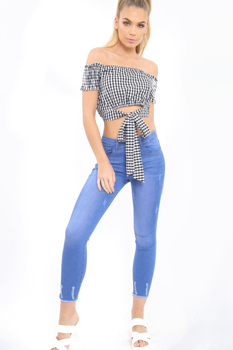 Black Gingham Bardot Wrap Around Crop Top - Rozanne-Crop Tops